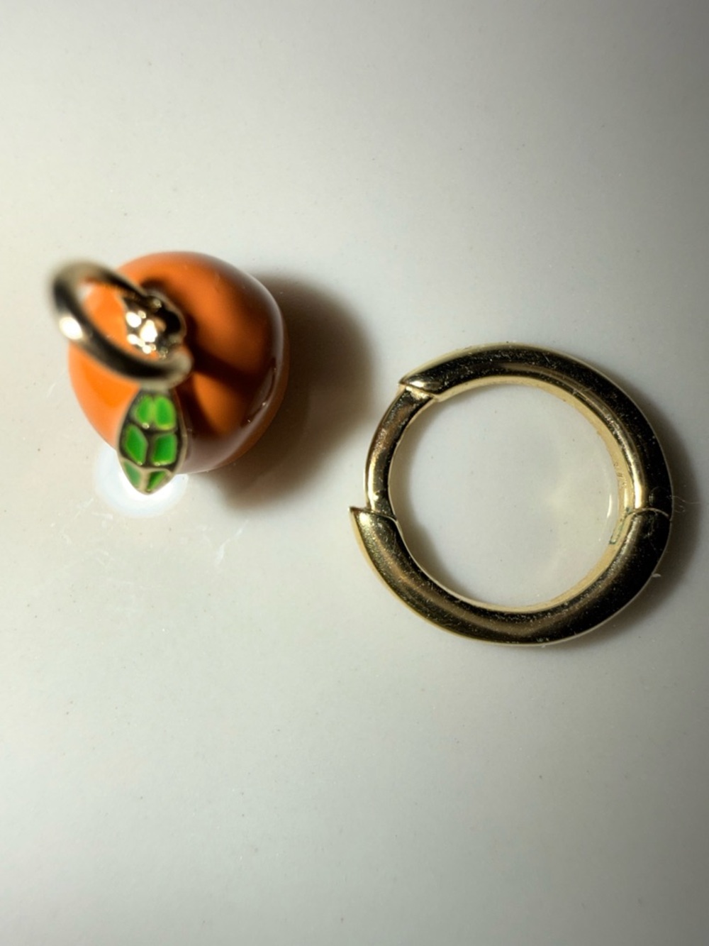 Gold Hinge Hoop Earring Orange Enamel Fruit Charm Single 14k Over Brass by Studs